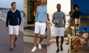A photo-realistic vertical strip grid showing four moments of the man in white shorts and vest, with varied frame sizes for a modern layout.