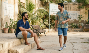 Four men in sweaters and denim shorts standing and sitting in a garden, laughing and holding glasses.