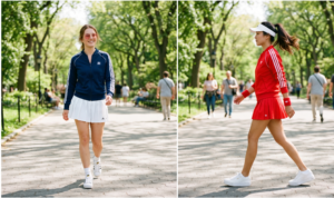 A 16:9 horizontal diptych in a sunny park. Left image: Front view candid woman in navy blue Adidas jacket, tennis skirt, and Adidas Superstars. Right image: Side profile woman in red Adidas jacket, tennis skirt, visor, and platform Pumas."