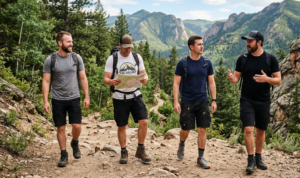 A natural daylight photograph capturing four friends on a rugged hiking trail weekend adventure, walking and interacting in the wilderness.