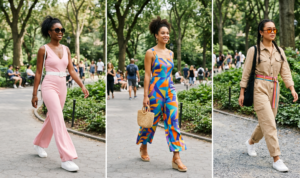 Three women wear jumpsuits in a city park with diverse styling. The left panel shows a pastel pink flared jumpsuit with a white plastic belt. The center panel has a wide-leg geometric print jumpsuit. The right panel features a utility-style beige jumpsuit with a colorful canvas belt.