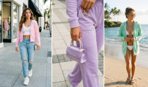 A realistic, three-panel vertical split fashion collage in a 16:9 aspect ratio, showcasing modern velour tracksuits with a subtle McBling aesthetic. All panels have sun-kissed natural lighting and editorial street style. The left panel shows a woman with long wavy brown hair walking on a city sidewalk lined with trendy boutiques, wearing a baby pink fitted velour zip-up hoodie (left open) over a white ribbed crop top. She wears layered delicate gold necklaces, small rhinestone-encrusted hoop earrings, distressed light wash jeans, and chunky white sneakers, carrying a small quilted shoulder bag. The center panel is a detailed close-up shot focusing on lavender velour pants fabric and accessories. A hand with manicured nails holds a small structured mini bag made of matching lavender satin with crystal handles. Her left ear is visible, adorned with medium-sized thick gold hoop earrings. She is walking on a paved walkway. The right panel shows a woman by the ocean on a sandy beach during golden hour. She wears a mint green velour hoodie worn open as a stylish beach cover-up over a white bikini, paired with large gold aviator sunglasses, layered turquoise and gold bead necklaces, and braided sandals. Her hair is casually tied up.