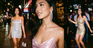 A three-panel vertical collage of women on a night out. Left: Woman in silver ruched mini dress. Center: Close-up portrait focusing on a neck with body glitter. Right: Woman in iridescent gold mini dress dancing."