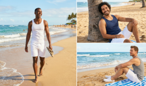 A photo-realistic small 2x2 grid where the man maintains the same confident walking pose, but the vest color changes in each square, always with white chino shorts.