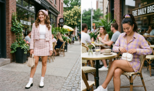 A natural, candid-style 16:9 composite photograph capturing two stylish friends outside a fashionable cafe named "THE DAILY BREW" in summer 2026. The composite contains two panels. The left panel shows a woman with wavy brunette hair and a pink tied headband, standing and looking confidently left, wearing a light pink and white plaid cropped blazer and mini skirt co-ord set over a simple white fitted top, with platform Mary Janes, a canvas tote bag, and gold jewelry. The background shows brick and plant details. The right panel features another woman with a high ponytail and purple/yellow scrunchies, sitting casually at a patio bistro table. She is actively adjusting a small white leather mini bag with a chain strap, looking down, wearing a lavender and yellow plaid button-down shirt and mini skirt co-ord set. On the table are a coffee mug and a flower vase. The bustling cafe patio with other blurred patrons and the "THE DAILY BREW" sign is in the background. The lighting is soft daylight.