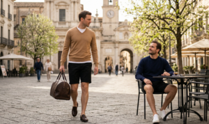 A natural, elegant spring afternoon photograph capturing two men in a sophisticated European town square, with one walking and the other seated at a cafe.