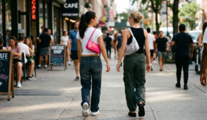 A candid photo of a young girl with curly hair laughing and running through a field of wildflowers, holding a small kite, with her dog running happily beside her.