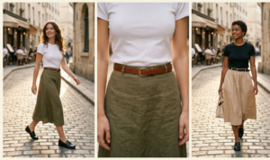 An effortlessly chic three-panel photo collage showcasing simple styling details in golden natural spring sunlight. Panel 1 shows a woman with loose waves walking on cobblestones. Panel 2 is a waist detail focusing on linen skirt texture and belt buckle. Panel 3 shows a different woman styled similarly.