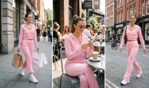 Left panel showing a woman with a sleek low bun walking, wearing a cropped zip-up velour hoodie and matching flared bottoms, carrying white shopping bags and wearing white chunky sneakers.