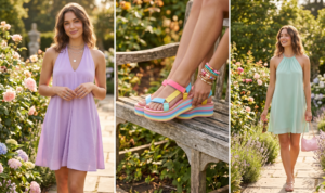 A three-panel collage showcasing pastel fashion in a garden. The top panel has a model in a lilac halter mini dress with layered silver jewelry. The middle panel is a close-up of colorful platform sandals. The bottom panel shows a model in a mint green halter dress holding sunglasses and a glossy purse.