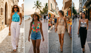 A photorealistic, horizontally extended four-panel grid collage showcasing different styled 2000s-inspired halter tops for Summer 2026, set within a cohesive sun-drenched Mediterranean town environment. Each image is candid and high-end street photography. Panel 1 (Top Left): In a rustic, stone-paved European village alleyway, a woman with wavy brown hair walks confidently forward. She wears a vibrant aqua-blue satin neck-tie halter top, paired with high-waisted white wide-leg linen trousers. She accessories with sunglasses, gold jewelry, and sandals, holding a small woven bag. Panel 2 (Top Right): A woman with braided hair smiles as she walks on a vibrant Tulum beach promenade at sunset. She wears a bright, colorful tropicalcore print halter top (floral/leaf pattern) over a bikini top, denim cut-off shorts, and a straw hat. The background shows palm trees, the ocean, and other beachgoers. Panel 3 (Bottom Left): A woman with a messy ponytail browses a bustling European open-air street market. She wears a casual cotton bandana-style halter top (floral print, tied at the neck and back) with light beige high-waisted linen shorts, sandals, and a small shoulder bag. The background is colorful with fruits, textiles, and other shoppers. Panel 4 (Bottom Right): An evening scene on a stylish Athens city street at dusk. A woman with sleek dark hair walks past illuminated bars. She wears a glamorous, metallic silver structured bustier halter top with ties, paired with black high-waisted trousers, black heels, and statement silver earrings. She holds a clutch bag.