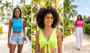 A three-panel collage of diverse women at a sunny resort wearing vibrant neon crop tops, including an electric blue tank, a lime green tie-front top, and a hot pink ribbed top.