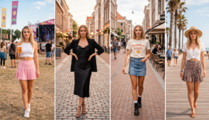 A 4-panel grid collage of micro mini skirts styled for different summer occasions. The top-left panel has a pleated white tennis skirt with a white ribbed tank at a music festival; the top-right has a denim micro mini skirt with an oversized black graphic band tee; the bottom-left shows a black satin mini skirt with a cropped black blazer for evening; and the bottom-right has a bright printed micro mini skirt with brown platform flip-flops on a beach boardwalk. The poses are natural and dynamic, captured with high-end fashion photography.