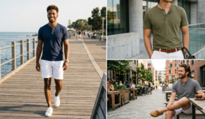 A photo-realistic mixed vertical collage with one large detailed portrait and two smaller detailed close-up shots of white shorts and vest features.