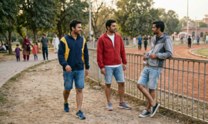 Two men in denim shirts and shorts, one with a cap, walking and talking on a street.