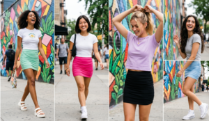 A bright, energetic 2x2 grid collage set against a dynamic, colorful urban mural during summer daylight in 2026. The mural depicts colorful graffiti designs. All four panels feature youthful women in ruched mini skirts and baby tees. The top-left panel shows a woman with dark curly hair laughing and walking left, in a mint green ruched mini skirt and a white fitted baby tee with a cheerful 'Happy Days' graphic, wearing chunky white platform sandals. The top-right panel features a woman fixing her blonde hair in a claw clip, wearing a black ruched mini skirt and a lavender cotton baby tee, with blurred background details. The bottom-left panel captures a confident model with a dark bob walking toward the camera, in a hot pink ruched mini skirt and white ribbed baby tee, with a small black nylon mini shoulder bag and platform sneakers. The bottom-right panel displays a fourth model laughing while posing dynamically, looking right, wearing a baby blue ruched mini skirt and grey cotton baby tee with white high-top sneakers.