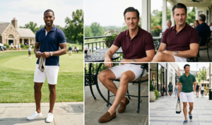 A photo-realistic grid showing the same man in the same dynamic walking pose, but with changing colored Vests (blue, gray, black, olive green), maintaining consistent white shorts and gray long-sleeve tee.