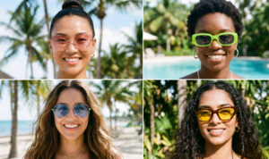 A four-panel grid of close-up portraits showing diverse women wearing trendy Y2K sunglasses, including pink rimless frames, chunky neon green frames, blue aviators, and yellow cat-eye frames.