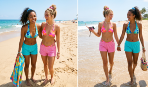 A photorealistic vertical split-screen diptych composed of two equal vertical panels capturing two joyful young women enjoying a casual beach day under bright natural daylight, embodying a playful Y2K aesthetic. The left panel shows the two friends standing together on a sandy beach, laughing candidly. Girl A (blonde hair in a messy bun with a pink tie-dye scrunchie) is on the right, wearing a vibrant psychedelic pink and orange tie-dye bikini top/bottoms and low-rise pink terry cloth shorts. Girl B (dark curly high ponytail with a blue tie-dye scrunchie) is on the left, laughing, wearing a blue and green tie-dye halter bikini top and low-rise turquoise terry cloth shorts, puka shell accessories. Barefoot on golden sand with turquoise ocean. The right panel captures the same two girls walking hand-in-hand along the water's edge on wet sand. Girl A carries a small disposable camera and Girl B holds a woven beach bag. Natural beach environment with palm trees. Both wear tinted lip gloss, and look joyful.