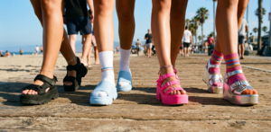 A peaceful coastal photograph capturing waves gently crashing on a sandy beach at twilight, with a lone lighthouse on a distant cliff under a soft purple and orange sky.