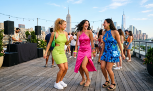 "A candid shot of three friends sharing a laugh and conversation as they stroll along the sandy shore of a luxurious resort, water touching their feet."