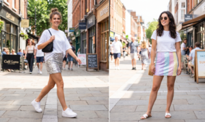 A striking 16:9 vertical split-screen photograph capturing two distinct women effortlessly styling sequin mini skirts for daytime in a bright urban environment in Summer 2026. The left panel shows a confident young woman with a messy bun and large silver hoop earrings, actively walking forward on a paved sidewalk. She wears a shimmering silver sequin mini skirt paired with a loose-fitting white crewneck tee, white chunky platform sneakers, and carries a black leather mini shoulder bag over her right shoulder. She strides with confidence, smiling warmely, with blurred people and shops like 'CAFE LUNA' in the background. The right panel features another young woman with dark wavy hair and a relaxed smile, standing naturally on the same bright street. She wears a multicolored pastel sequin skirt (lavender, blue, pink hues) with a white tee, paired with white flat leather sandals and round tortoiseshell sunglasses perched on her nose. Behind her is the bright, slightly bustling street with blurred people, an outdoor cafe, and buildings under sunlight. Both look natural and casual. The composition has a distinct vertical line.
