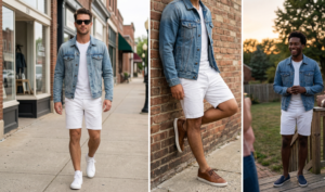 A photo-realistic square grid of four panels with dynamic action shots and relaxed moments, all featuring the man in white shorts and performance gear.