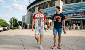 Black and white photo of two men in t-shirts and shorts walking and talking on a path next to a stone wall.