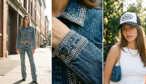 A triptych in one frame. Left: Full-body shot of a woman in a rhinestone-studded acid-wash denim set on a city street. Middle: Close-up detail of a rhinestone-studded denim sleeve. Right: Portrait of a woman with a Von Dutch hat and gold nameplate necklace."