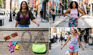 A final dynamic four-panel grid summarizes the eclectic look in bright street style photography. Top left: model layering a black mesh top over a bright bikini. Top right: model wearing a satin tropical print skirt with a simple pastel tank top. Bottom left: A collection of Y2K accessories: tinted sunglasses, butterfly clips, layered silver necklaces, and a mini shoulder bag. Bottom right: model wearing a cotton romper with a neon shoulder bag.