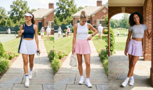 A 16:9 composite photo with three vertical panels set side-by-side in a columns grid, set along the same paved flagstone walkway at a luxurious country club in 2026 under bright summer sunlight. All three models wear pleated tennis skirts and crop tops with white sporty sneakers and socks. The left panel shows a fit brunette model in a white country club visor walking on the path, wearing a white pleated mini tennis skirt and a navy blue ribbed fitted crop top, carrying a tennis racket in its bag and holding a water bottle. The center panel features a blonde model casually adjusting the waistband of her pastel pink pleated mini skirt, wearing a simple white tank top and holding a small tote bag. The right panel displays a mixed-race model with curly dark hair casually leaning against a weathered red brick pillar that forms an arcade walkway, wearing a lavender pleated mini skirt and a grey fitted crop top, smiling warmely. In the background are manicured lawns, blurred club members on courts, and the brick architecture.