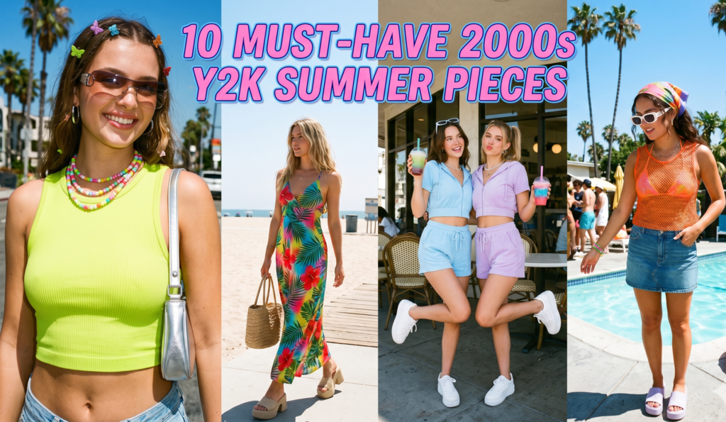 A four-panel vertical collage illustrating diverse 2000s Y2K summer fashion looks under pink bubble text that reads, "10 MUST-HAVE 2000s Y2K SUMMER PIECES". The panels show: a woman in a lime-green crop top with butterfly clips and beaded accessories; a woman on a beach wearing a tropical floral maxi dress; two friends in matching pastel terry cloth outfits with colorful drinks; and a woman poolside in an orange mesh top and denim skirt.