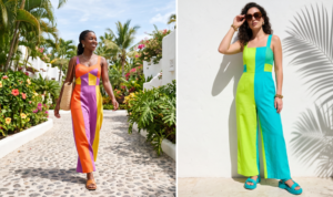 A two-panel collage featuring bright, color-blocked jumpsuits; a full-body shot of a woman in an orange, purple, and yellow jumpsuit, and a close-up of a neon green and turquoise jumpsuit against a white wall.