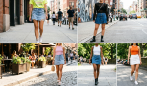 A dramatic low-angle shot of a contemporary glass and steel skyscraper with geometric lines, reflecting the city and sky in its panels, set against a bright blue sky with wispy clouds.