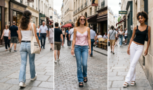 A daytime 16:9 composite image with three horizontal panels set on a bustling Paris street in 2026, capturing a candid, grainy documentary-style vibe. All three women wear low-rise flare jeans and platform sandals or sneakers. The left panel shows a woman with dark wavy hair tied back walking away, wearing light-wash distressed low-rise flares, a white ribbed lace cami, a slim black belt, and a natural canvas tote bag labeled 'VINTAGE MARKET PARIS'. The center panel features a woman with sun-kissed blonde hair walking toward the camera, smiling naturally and wearing medium-wash flares, a pastel pink silk lace-trim cami, small round tinted sunglasses, and layered silver necklaces. She wears black chunky platform sandals. The right panel captures a third woman with textured dark hair leaning casually against a worn stone wall, wearing white low-rise flares and a black cotton lace-trim cami. Background elements include old European buildings, shops like 'BOULANGERIE' and 'LE CHAT NOIR', and pedestrians. The split is vertical between panels.