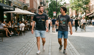 Black and white photo of two men in shirts and shorts walking and talking on a path by a river.
