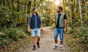 Two photos of a man in a denim shirt and shorts walking and smiling on a street.