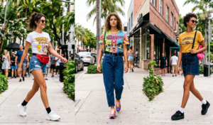 Three women present graphic tees in different outfits while walking on an urban sidewalk. The left woman in a Looney Tunes baby tee and denim shorts carries a red belt bag. The center woman wears a Powerpuff Girls shirt and mom jeans with colorful sneakers. The right woman wears a quirky retro logo tee with a denim mini skirt and pink backpack.