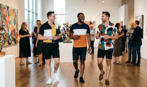 A natural daylight photograph of three men at a contemporary art gallery opening reception, walking and talking in a sophisticated atmosphere.