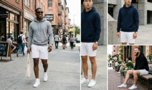 A photo-realistic mixed size horizontal strip collage where larger images focus on action (running, walking) and smaller images capture close-up technical features of the white shorts and performance top.