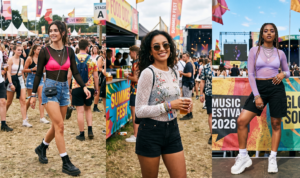 A vertical collage of three different women at a bustling outdoor music festival in Summer 2026 under a bright sky. Each panel is horizontal and stacked. The left panel shows a model with dark wavy hair in a sleek low bun walking, wearing a black sheer mesh long-sleeve top over a bright neon pink bralette, paired with high-waist denim shorts and chunky black combat boots with white socks, and a black mini quilted bag on a chain, surrounded by a lively festival crowd with flags and a "SUMMER FEST" banner. The center panel features a different woman smiling warmely at the camera amidst a crowded festival area with food stalls and a large screen, wearing a white patterned sheer long-sleeve top over a black bralette, black denim shorts, round tinted sunglasses, hoop earrings, and layered bracelets. The right panel captures a third woman with dark, braided hair posing confidently against a colorful festival background with flags and a large stage, wearing a lavender sheer long-sleeve top over a matching lavender bralette, black cargo shorts, white platform sneakers, and extensive silver layered jewelry (necklaces, chains, rings, bracelets), with body glitter.
