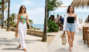 A 2-panel split-screen editorial photo of versatile tube top styling. The left panel features a woman in a bright tropicalcore floral printed tube top with solid white wide-leg trousers, walking outdoors on a coastal path. The right panel shows another woman in a simple black ribbed tube top elegantly layered under an unbuttoned open white linen overshirt, with light-wash denim shorts and flip-flops, walking at a beachside cafe. The image has bright, airy lighting.