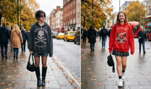 A 16:9 natural light candid photo composite. Left image: Woman in an oversized dark gray Affliction hoodie, mini skirt, and fishnets on an autumn street. Right image: Woman in a smaller red Ed Hardy hoodie, pleated skirt, and white sneakers."