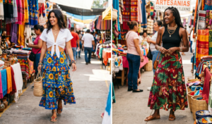 Two women display distinct skirts in an outdoor market. The left woman wears a ruffled Mexican-style maxi skirt with a blue and yellow floral pattern and a white tie-front crop top. The right woman wears a tiered tropical print maxi skirt and a black tank top with layered jewelry.