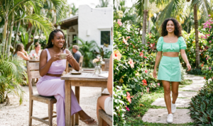 A two-panel diptych showing a woman in a lavender pastel linen set at an outdoor cafe, and another woman in a mint green puff-sleeve top and mini skirt walking in a garden.