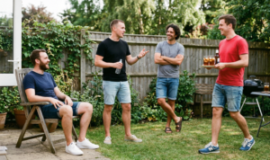 Two men in graphic t-shirts and denim shorts walking down a city street, one smiling. Four photos of a man in various combinations of denim shirts and shorts.
