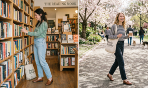 A relaxed, natural photo composite with two casual scenes. One panel shows a woman browsing bookshelves in an independent bookstore. The other panel shows a different woman walking through a blossoming park. Both share the same casual outfit formula and natural daylight.
