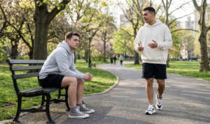 A natural, crisp spring morning photograph in an urban park, where two men showcase distinct hoodie and black shorts combinations while walking and talking.