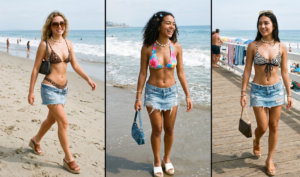 A vertical split-screen triptych presenting three candid, grainy paparazzi-style photographs capturing different young women embodying the ultimate Y2K California beach girl look on a sunny day in Malibu. Natural film grain, bright daylight, raw feel. Left panel: young blonde woman (early 20s, wavy hair, puka shell choker, body glitter) walking on sand, mid-stride, smiling naturally. Wearing a leopard-print bikini, ultra-low-rise distressed light-wash denim micro mini skirt (frayed hem, raw edges), brown leather platform wedges. Carrying small black monogram Gucci baguette bag over shoulder. background sandy beach, waves, distant people. Middle panel: different young woman (curly dark hair, butterfly clips, natural tan) standing near water's edge, laughing happily off-camera. Wearing tropical floral-print halter bikini (pink/blue/yellow), ultra-low-rise heavily distressed denim micro mini skirt, white platform wedges, denim baguette bag. background waves breaking, ocean, distant coastline. Right panel: third young woman (straight dark hair, natural look, body glitter) walking along a wooden boardwalk near beach, smiling slightly looking left. Wearing a zebra-print bikini top with tie-front, ultra-low-rise distressed denim micro mini skirt, tan leather platform wedges. Carrying small brown monogram Louis Vuitton baguette bag. Busy boardwalk, people, towels, ocean. HANDHELD (35mm film quality).