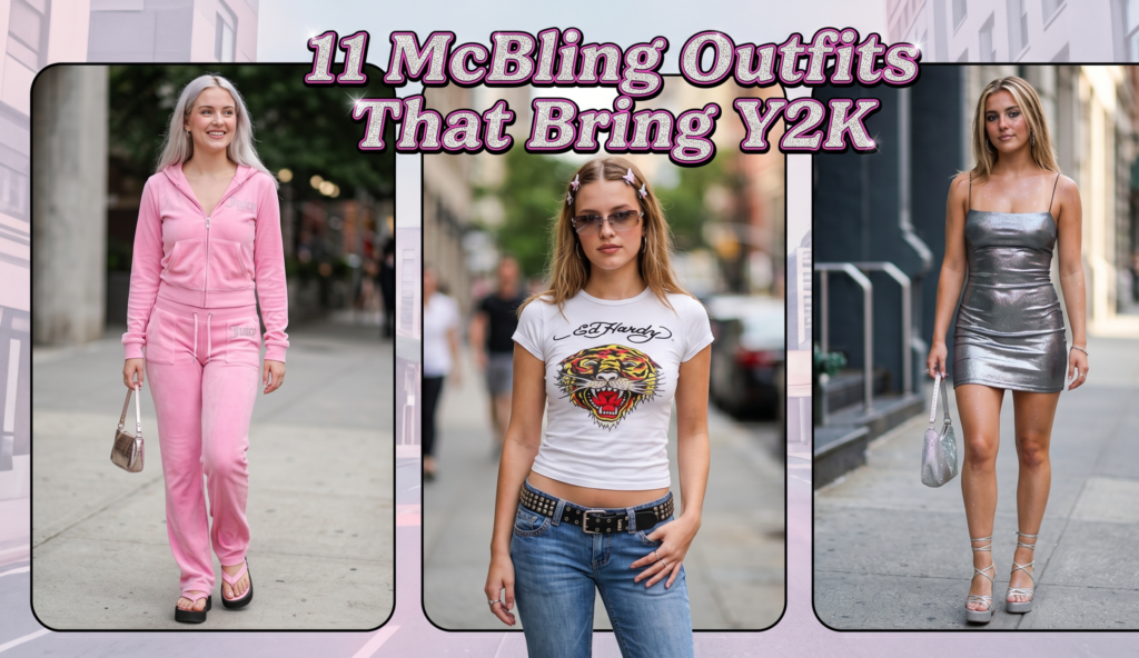 "A stylish blog image collage featuring the text header '11 McBling Outfits That Bring Y2K'. The visual content includes three vertical photographs of different models showcasing 2000s-inspired street style outfits in an urban setting. From left: a model in a full pink velour tracksuit; a center model wearing a tiger graphic baby tee, low-rise jeans, and butterfly accessories; a right model in a silver metallic mini dress with a sparkly bag. The aesthetic is nostalgic, trendy, and editorial, with a subtle border."